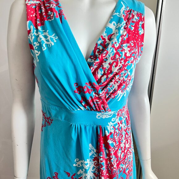 Lilly Pulitzer Rare Jia Dress Sleeveless Turquoise Coral Cascade Print SX L - Picture 6 of 15
